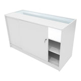 Weißes Astro LED Verkaufstheken-Set mit Schiebetür, Glasoberfläche und offenen Regalen, ideal für Verkaufsräume und Ausstellungen