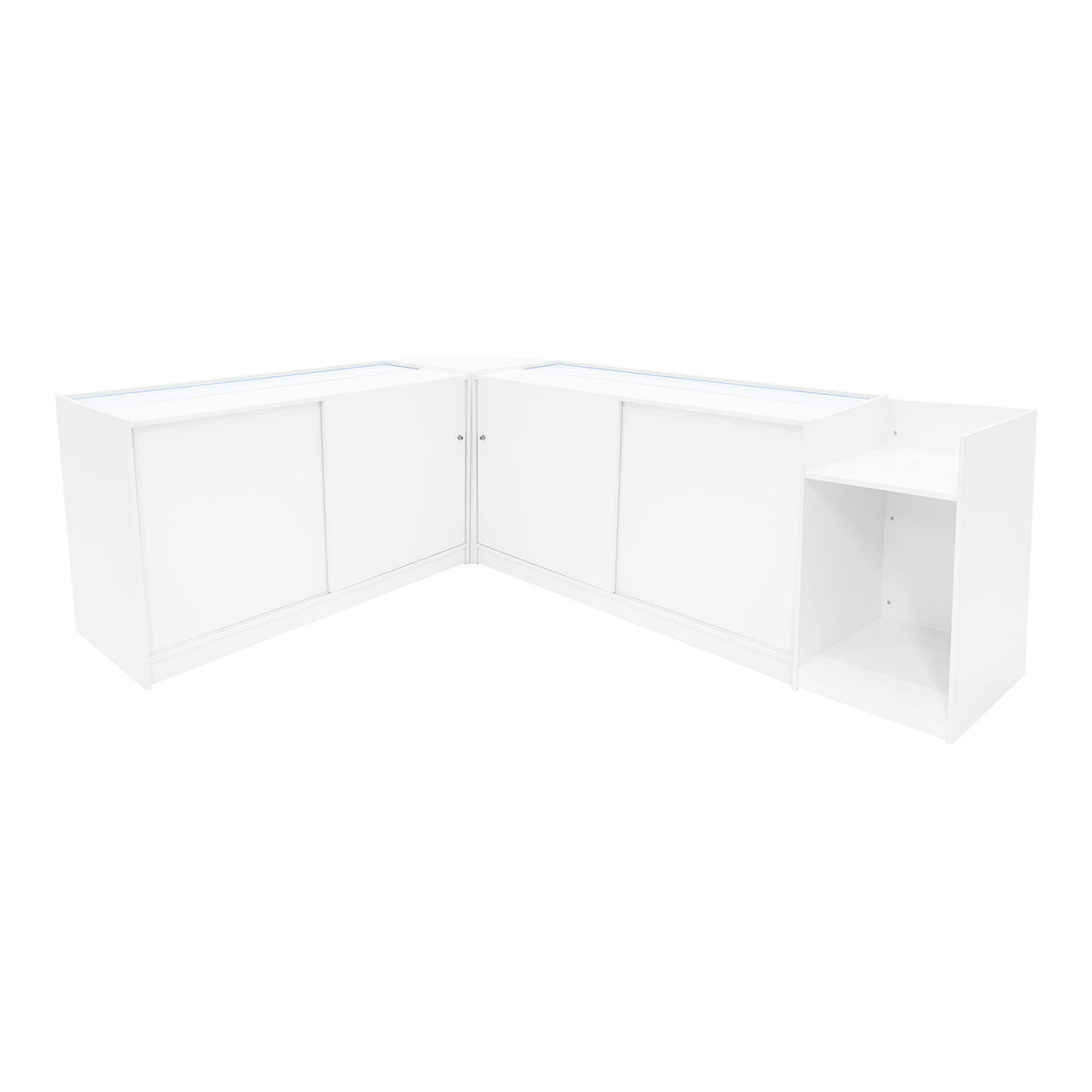 Eckverkaufsregal-Set in Weiß mit LED-Beleuchtung, bestehend aus zwei Theken und einem Sideboard, glatte Oberflächen und moderne, klare Linien