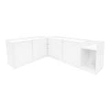 Eckverkaufsregal-Set in Weiß mit LED-Beleuchtung, bestehend aus zwei Theken und einem Sideboard, glatte Oberflächen und moderne, klare Linien