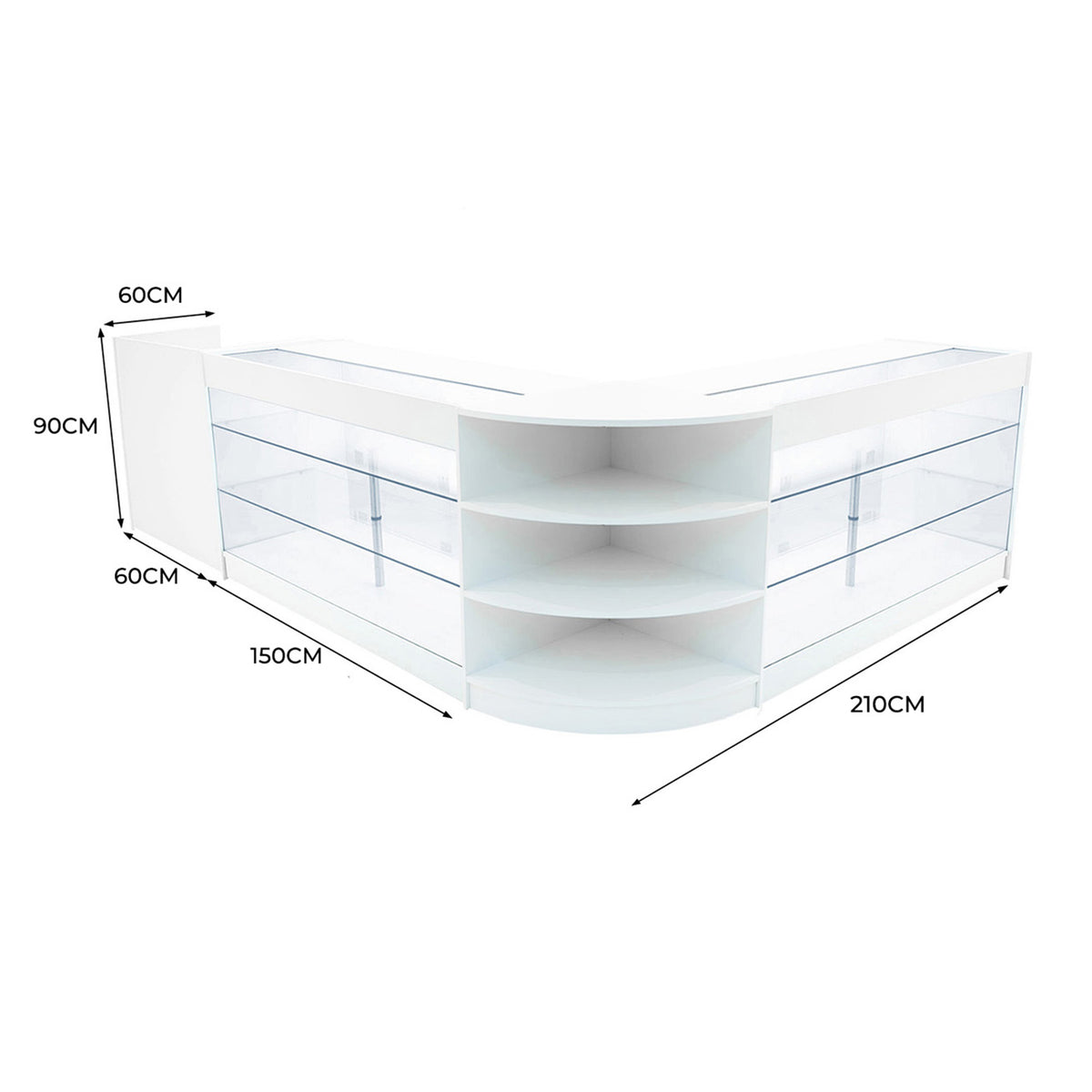 Elegantes, weißes Verkaufstheken-Set mit LED-Beleuchtung, abgerundeten Kanten und transparenten Glasregalen, ideal für moderne Verkaufsräume