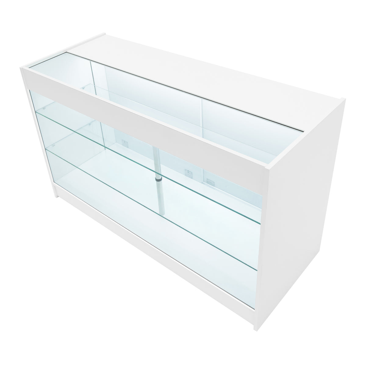 Elegante weiße Verkaufstheke mit Glasregalen, klaren Linien und modernem Design, ideal für die Präsentation von Produkten in Geschäften