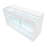 Elegante weiße Verkaufstheke mit Glasregalen, klaren Linien und modernem Design, ideal für die Präsentation von Produkten in Geschäften