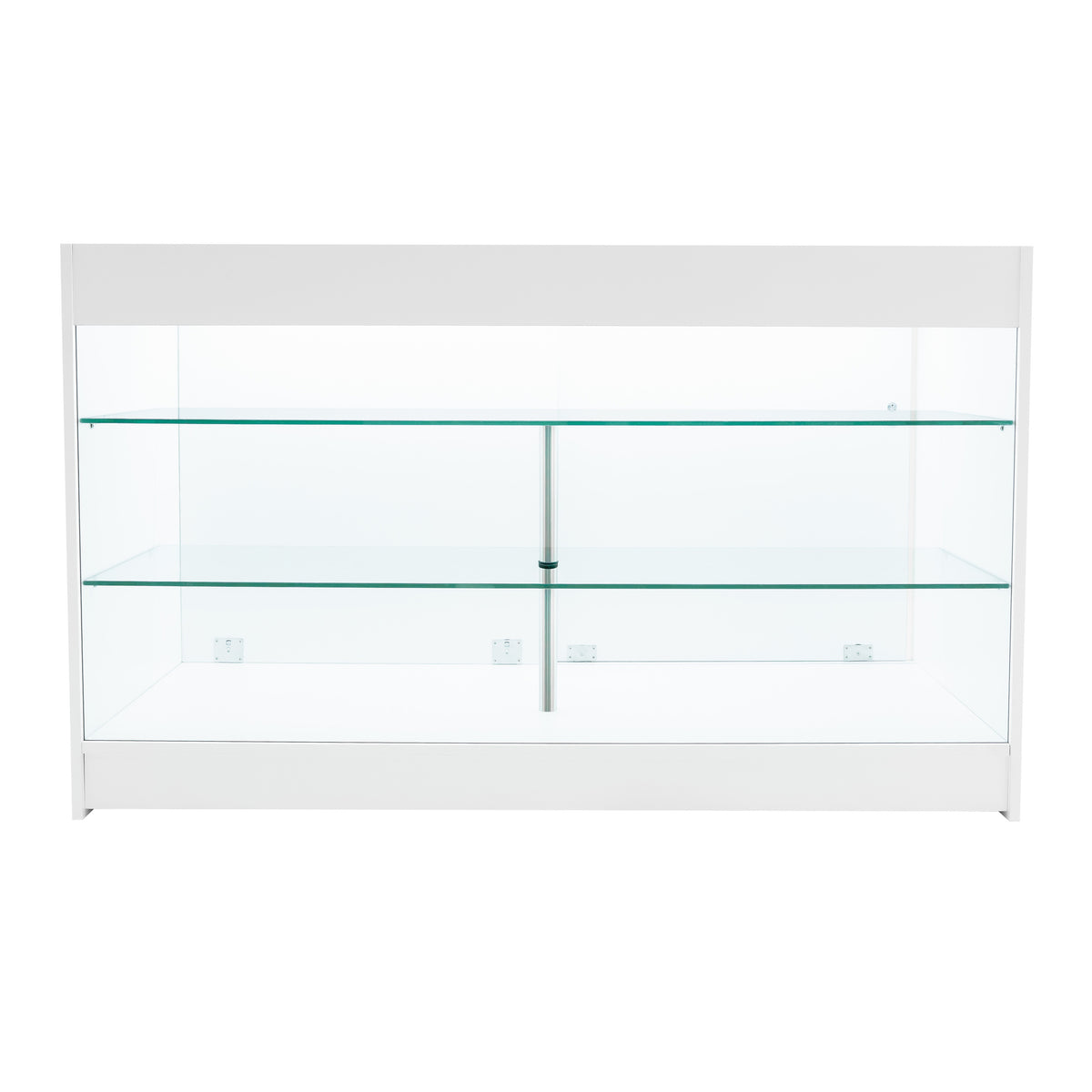 Elegantes Verkaufstheken-Set in Weiß mit zwei Glasregalen, ideal für die Präsentation von Produkten in einem modernen Verkaufsraum