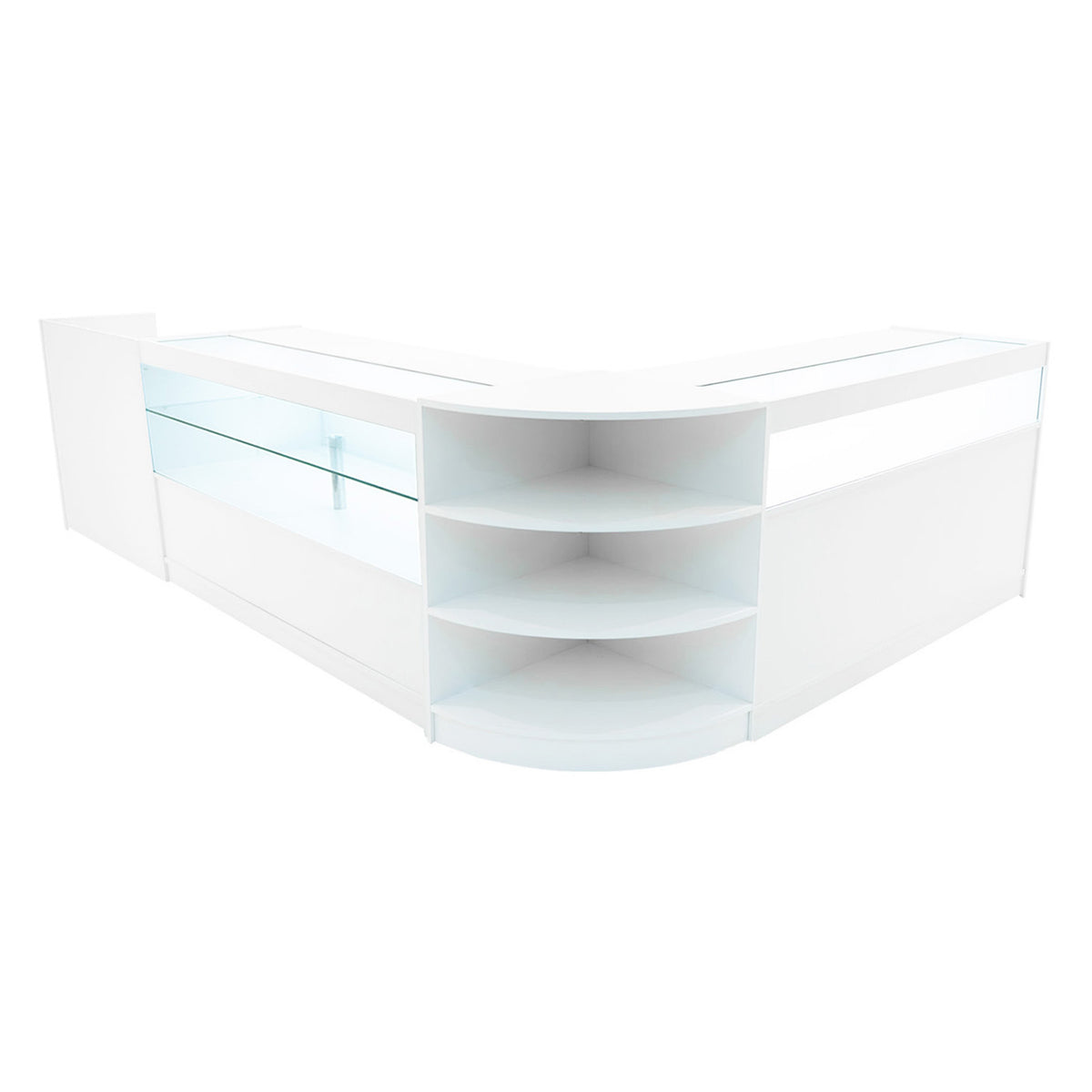 Elegantes Verkaufstheken-Set in Weiß mit klaren Glasflächen, abgerundeten Kanten und offenen Regalen für optimale Präsentation und Stauraum