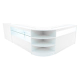 Elegantes Verkaufstheken-Set in Weiß mit klaren Glasflächen, abgerundeten Kanten und offenen Regalen für optimale Präsentation und Stauraum