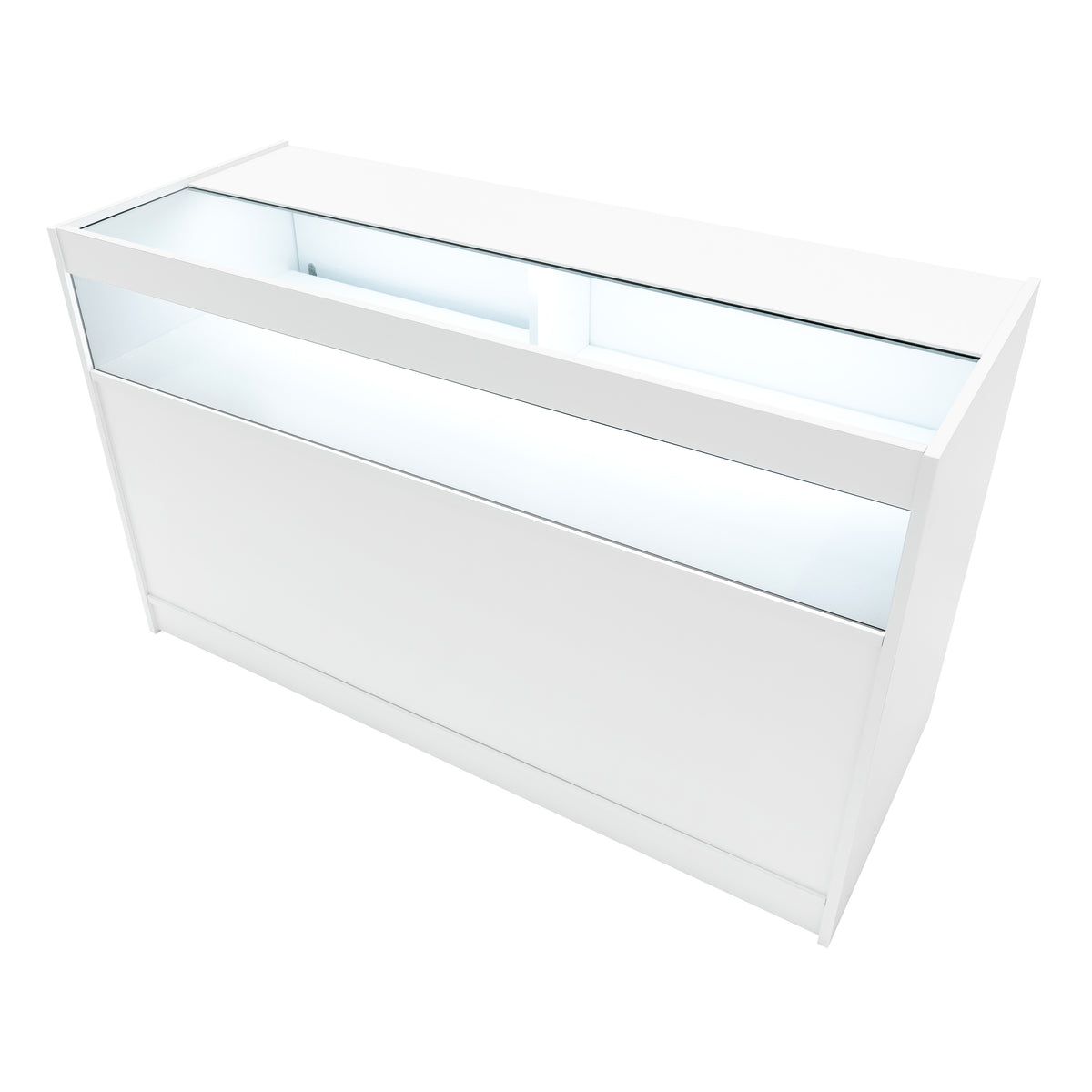 Elegante weiße LED-Verkaufstheke mit glatter Oberfläche, integrierter Beleuchtung und großzügigem Glasbereich für Produkte und Präsentationen