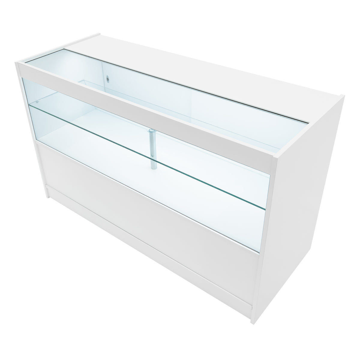 Weißes LED-Verkaufstheken-Set mit Glasregalen und glatter Oberfläche, ideal für Verkaufsräume und Ausstellungen, modern und stilvoll