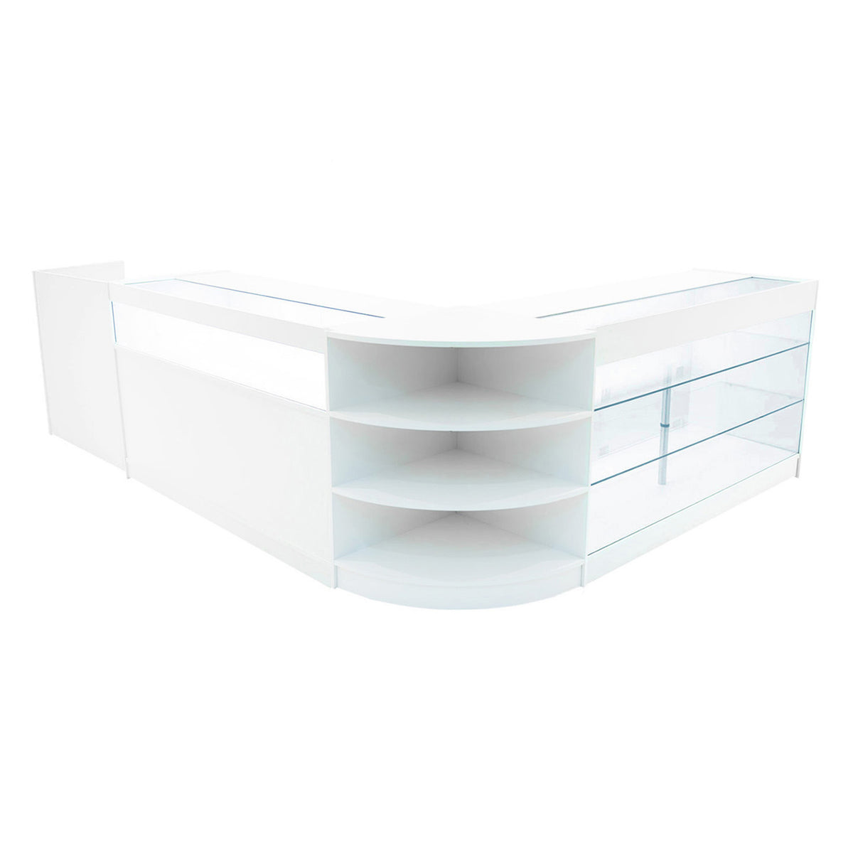 Elegantes, weißes Hyperion LED Verkaufstheken-Set mit glatten Oberflächen, klaren Glasregalen und modernen, abgerundeten Kanten, ideal für Verkaufsräume