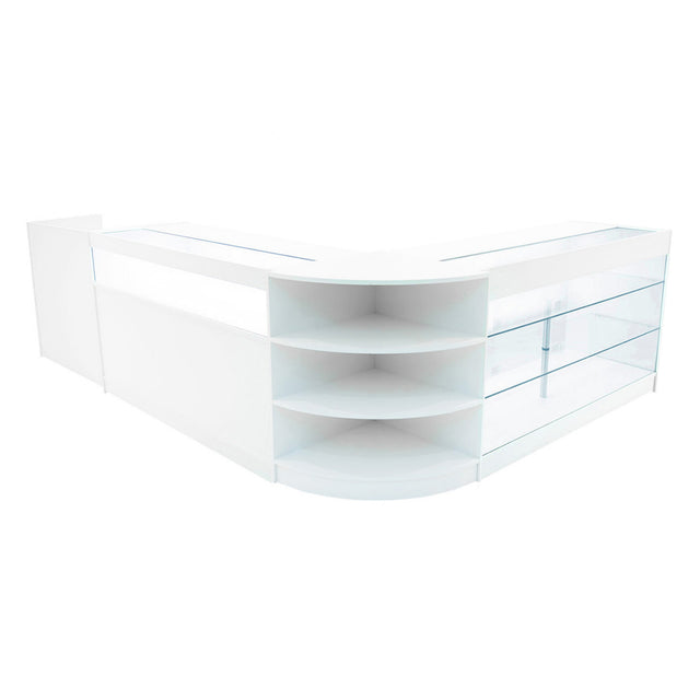 Elegantes, weißes Hyperion LED Verkaufstheken-Set mit glatten Oberflächen, klaren Glasregalen und modernen, abgerundeten Kanten, ideal für Verkaufsräume