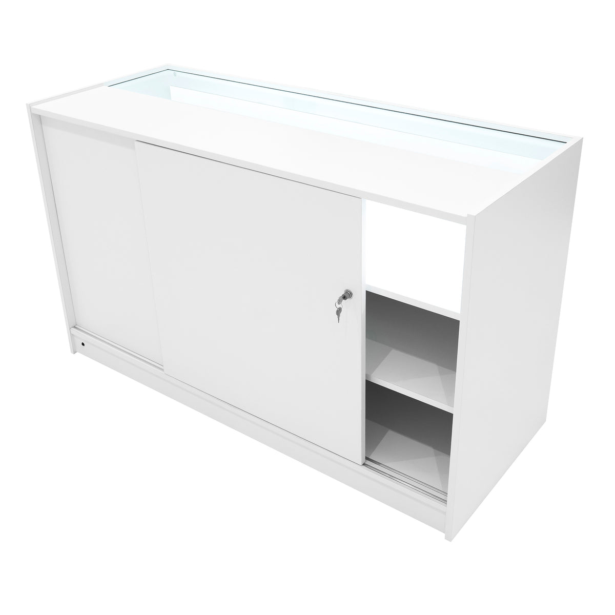 Weißes Hyperion LED Verkaufstheken-Set mit gläserner Oberseite, Schiebetür, und offenen Regalen für optimale Präsentation und Stauraum