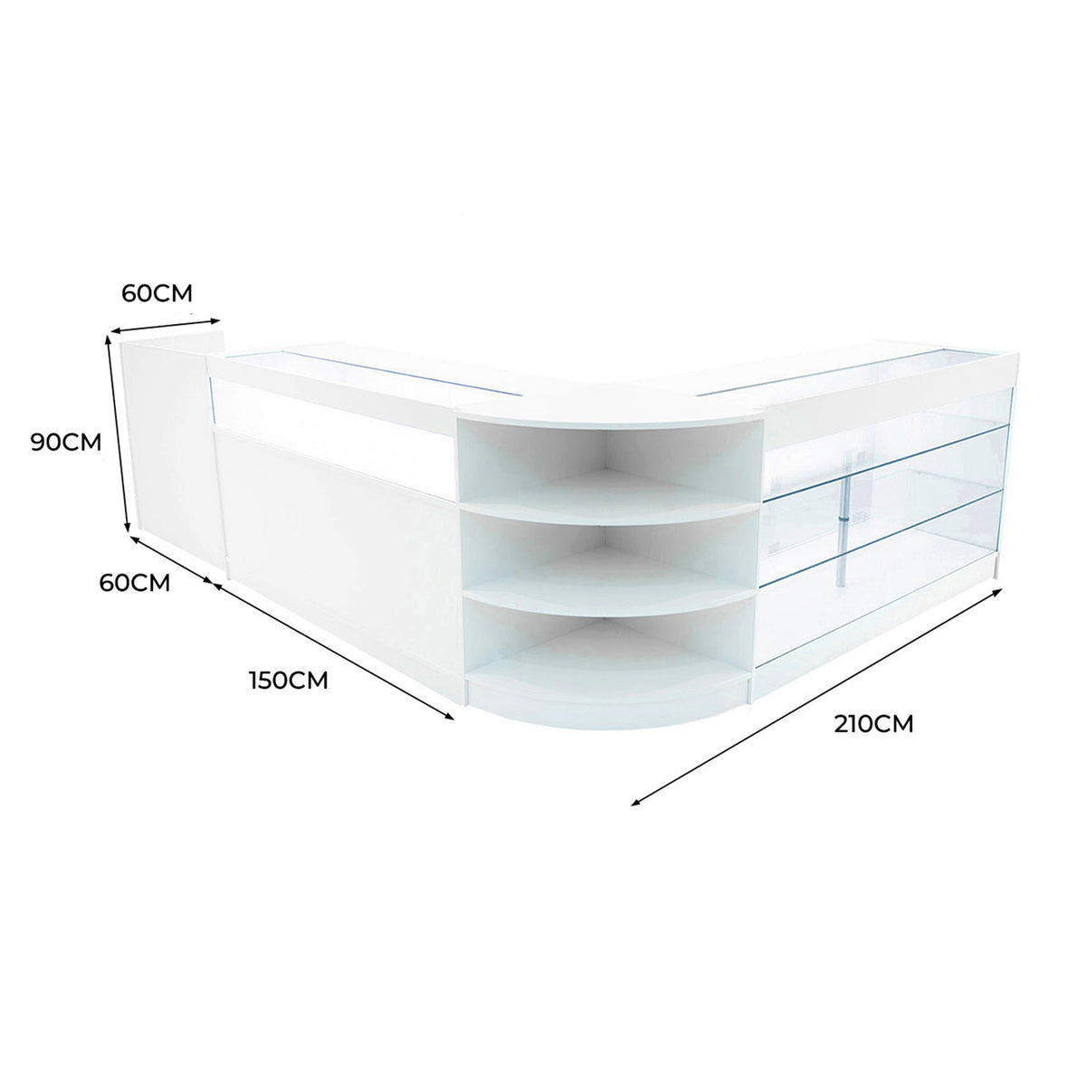 Elegantes Hyperion LED Verkaufstheken-Set in Weiß, mit klaren Glasflächen, abgerundeten Kanten und großzügigem Stauraum für Produkte und Präsentation