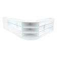 Elegantes Verkaufstheken-Set in Weiß mit klaren Glasflächen, abgerundeten Kanten und offenen Regalen für optimale Produktpräsentation