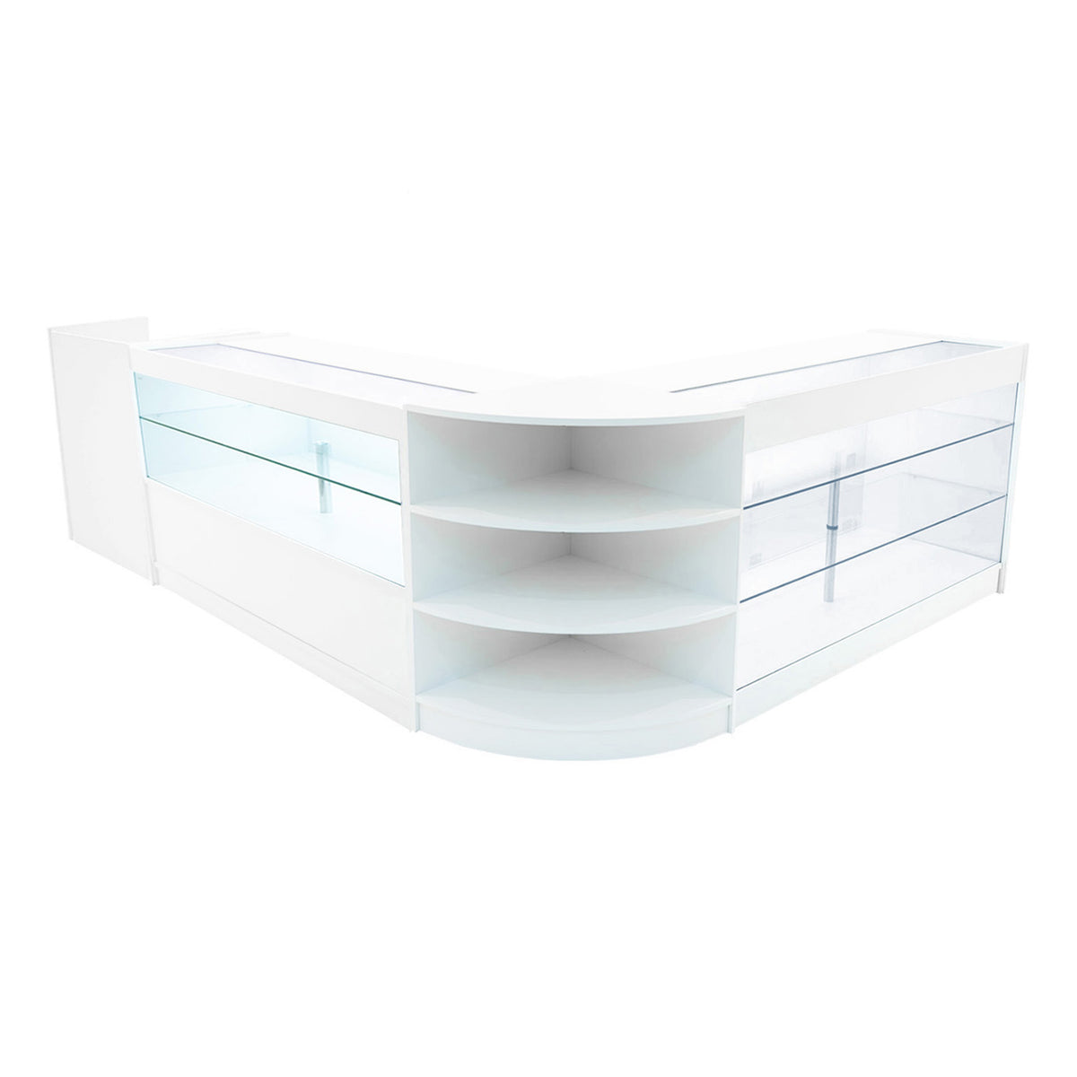 Elegantes Verkaufstheken-Set in Weiß mit klaren Glasflächen, abgerundeten Kanten und offenen Regalen für optimale Produktpräsentation