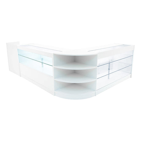 Elegantes Verkaufstheken-Set in Weiß mit klaren Glasflächen, abgerundeten Kanten und offenen Regalen für optimale Produktpräsentation