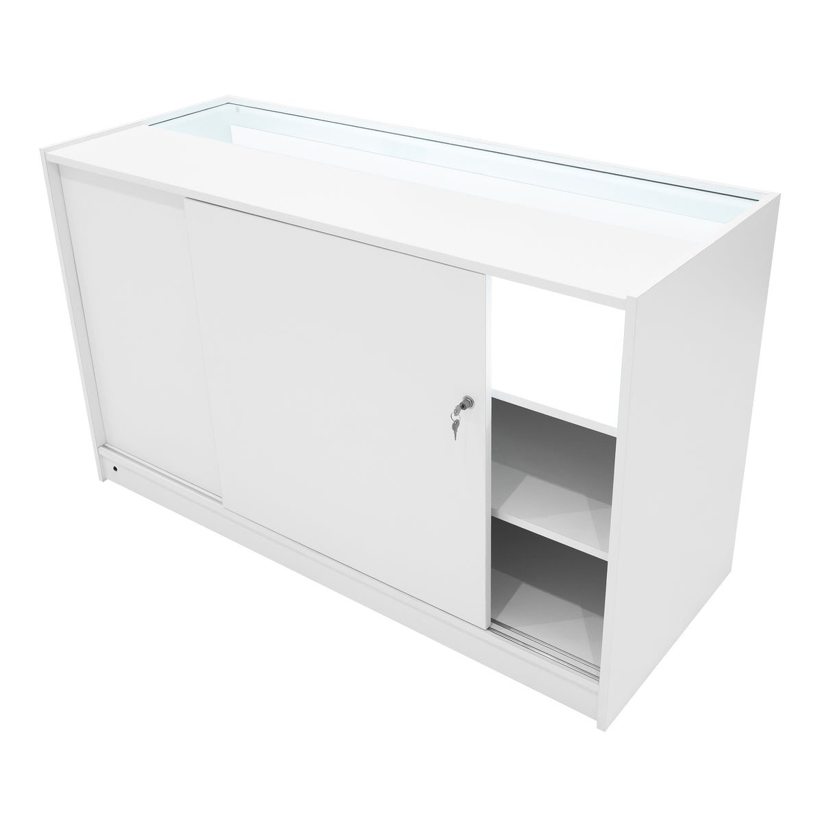 Elegante weiße LED Verkaufstheke mit Glasoberfläche, Schiebetür und offenen Regalen, ideal für moderne Verkaufsräume und Ausstellungen