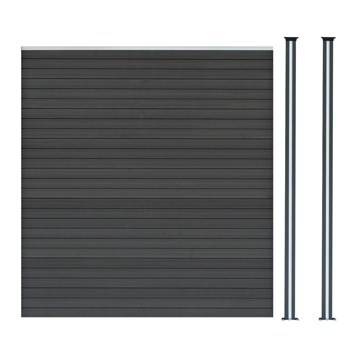 Grau WPC Sichtschutzzaun mit horizontalen Lamellen und zwei LED Zaunpfosten, robust und modern, ideal für Garten- und Terrassengestaltung