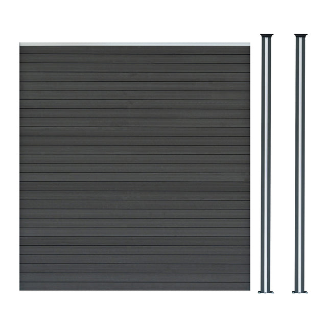 Grau WPC Sichtschutzzaun mit horizontalen Lamellen und zwei LED Zaunpfosten, robust und modern, ideal für Garten- und Terrassengestaltung