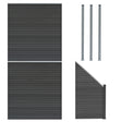 Grau WPC Sichtschutzzaun mit zwei Paneelen, einem Eckstück und drei LED Zaunpfosten, alle mit glatter, moderner Oberfläche und robustem Design