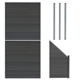 Grau WPC Sichtschutzzaun mit zwei Paneelen, einem Eckstück und drei LED Zaunpfosten, alle mit glatter, moderner Oberfläche und robustem Design