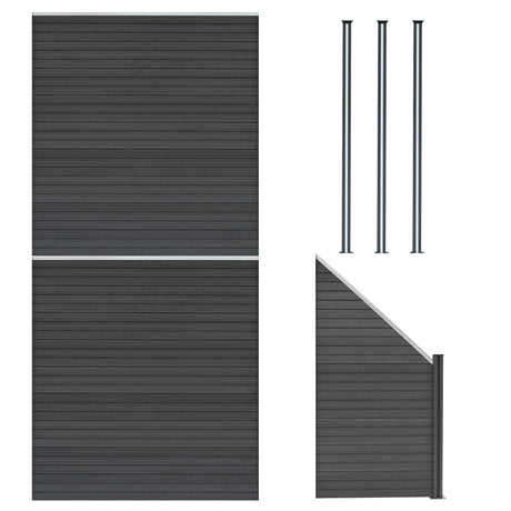 Grau WPC Sichtschutzzaun mit zwei Paneelen, einem Eckstück und drei LED Zaunpfosten, alle mit glatter, moderner Oberfläche und robustem Design