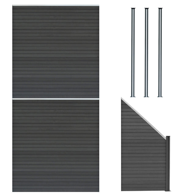 Grau WPC Sichtschutzzaun mit zwei Paneelen, einem Eckstück und drei LED Zaunpfosten, alle mit glatter, moderner Oberfläche und robustem Design