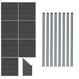 Grau WPC Sichtschutzzaun mit 7 Paneelen, einem Eckstück und 8 LED Zaunpfosten, alle mit einer strukturierten Oberfläche für modernen Gartenstil