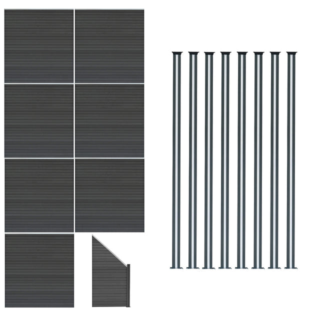 Grau WPC Sichtschutzzaun mit 7 Paneelen, einem Eckstück und 8 LED Zaunpfosten, alle mit einer strukturierten Oberfläche für modernen Gartenstil