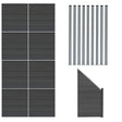 Grau WPC Sichtschutzzaun mit 8 Paneelen, einem Eckstück und 9 LED Zaunpfosten, alle mit glatter, wetterbeständiger Oberfläche und modernem Design