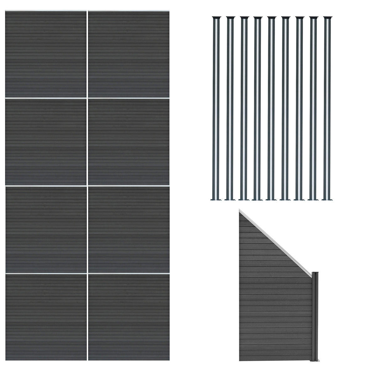 Grau WPC Sichtschutzzaun mit 8 Paneelen, einem Eckstück und 9 LED Zaunpfosten, alle mit glatter, wetterbeständiger Oberfläche und modernem Design