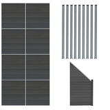 Grau WPC Sichtschutzzaun mit 8 Paneelen, einem Eckstück und 9 LED Zaunpfosten, alle mit glatter, wetterbeständiger Oberfläche und modernem Design