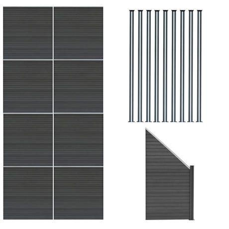 Grau WPC Sichtschutzzaun mit 8 Paneelen, einem Eckstück und 9 LED Zaunpfosten, alle mit glatter, wetterbeständiger Oberfläche und modernem Design