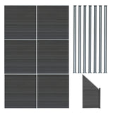 Grau WPC Sichtschutzzaun mit sechs Paneelen, einem Eckstück und sieben LED Zaunpfosten, alle mit glatter, wetterbeständiger Oberfläche und modernem Design