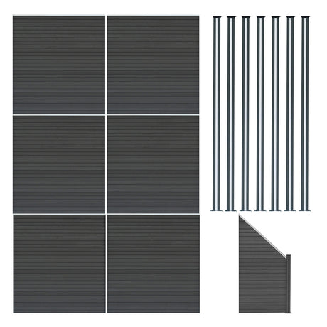 Grau WPC Sichtschutzzaun mit sechs Paneelen, einem Eckstück und sieben LED Zaunpfosten, alle mit glatter, wetterbeständiger Oberfläche und modernem Design