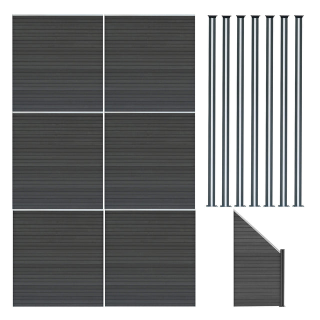 Grau WPC Sichtschutzzaun mit sechs Paneelen, einem Eckstück und sieben LED Zaunpfosten, alle mit glatter, wetterbeständiger Oberfläche und modernem Design