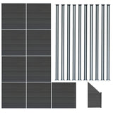 WPC Sichtschutzzaun in Grau, bestehend aus neun Paneelen, einem Eckstück und zehn LED-Zaunpfosten, mit strukturierter Oberfläche und modernem Design