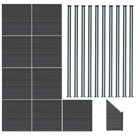 WPC Sichtschutzzaun in Grau, bestehend aus neun Paneelen, einem Eckstück und zehn LED-Zaunpfosten, mit strukturierter Oberfläche und modernem Design