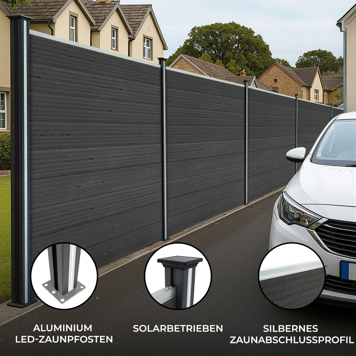 Grau WPC Sichtschutzzaun mit zwei silbernen LED Zaunpfosten, moderner, glatter Oberfläche und stabilen Aluminiumprofilen, ideal für Garten und Terrasse