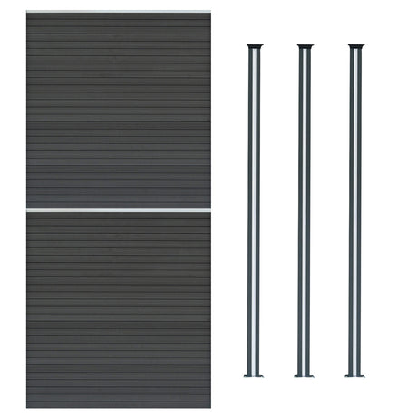Grau WPC Sichtschutzzaun mit horizontalen Lamellen und drei schlanken LED Zaunpfosten, ideal für modernen Garten- und Terrassenschutz