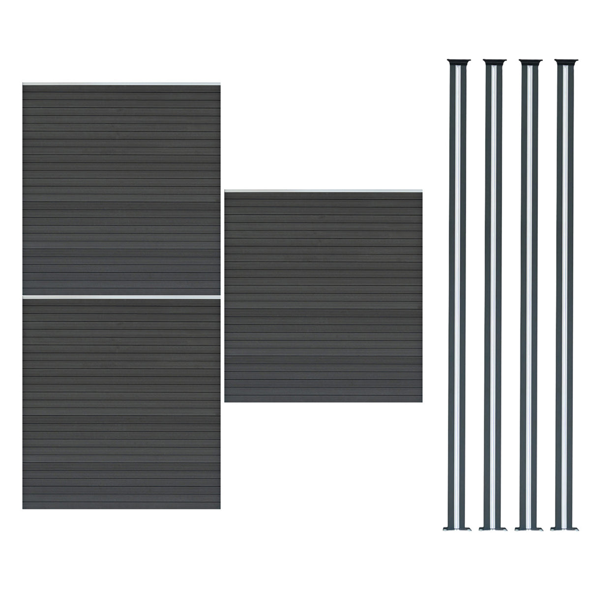 Dunkelgraue WPC Sichtschutzzaunplatten mit horizontalen Lamellen und vier schlanken LED Zaunpfosten in elegantem Design, ideal für den Garten
