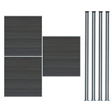 Dunkelgraue WPC Sichtschutzzaunplatten mit horizontalen Lamellen und vier schlanken LED Zaunpfosten in elegantem Design, ideal für den Garten