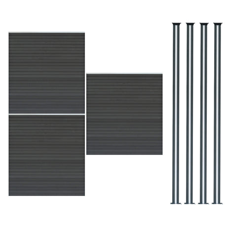 Dunkelgraue WPC Sichtschutzzaunplatten mit horizontalen Lamellen und vier schlanken LED Zaunpfosten in elegantem Design, ideal für den Garten