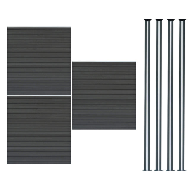 Dunkelgraue WPC Sichtschutzzaunplatten mit horizontalen Lamellen und vier schlanken LED Zaunpfosten in elegantem Design, ideal für den Garten