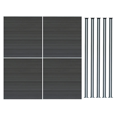 Grau WPC Sichtschutzzaun mit vier Paneelen und fünf LED Zaunpfosten, modernes Design, glatte Oberflächen und langlebige Materialien für optimalen Sichtschutz
