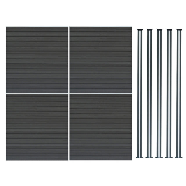 Grau WPC Sichtschutzzaun mit vier Paneelen und fünf LED Zaunpfosten, modernes Design, glatte Oberflächen und langlebige Materialien für optimalen Sichtschutz