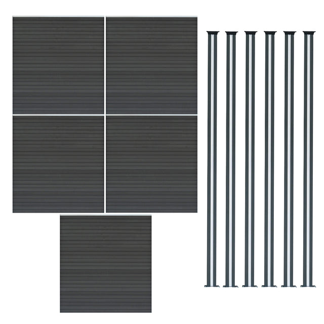 Grau WPC Sichtschutzzaun mit fünf Paneelen und sechs schlanken LED Zaunpfosten, modern und langlebig, ideal für Garten- und Terrassengestaltung