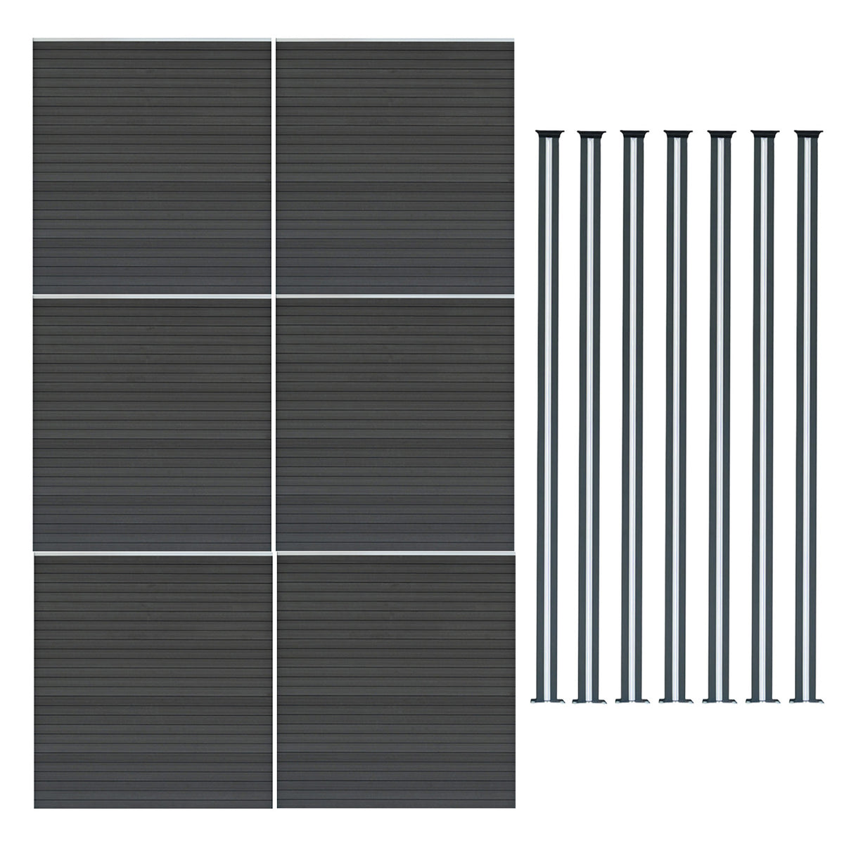 WPC Sichtschutzzaun in Grau mit sechs Paneelen und sieben LED Zaunpfosten, modernes Design, strapazierfähiges Material, elegante Linienführung