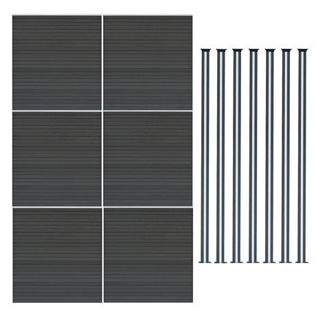 WPC Sichtschutzzaun in Grau mit sechs Paneelen und sieben LED Zaunpfosten, modernes Design, strapazierfähiges Material, elegante Linienführung