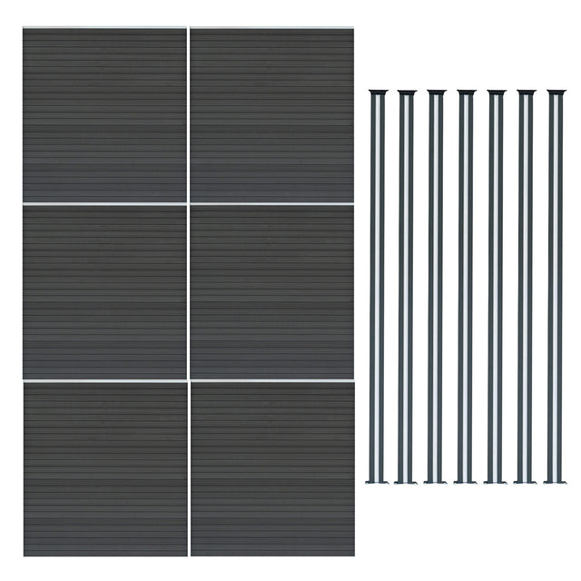 WPC Sichtschutzzaun in Grau mit sechs Paneelen und sieben LED Zaunpfosten, modernes Design, strapazierfähiges Material, elegante Linienführung