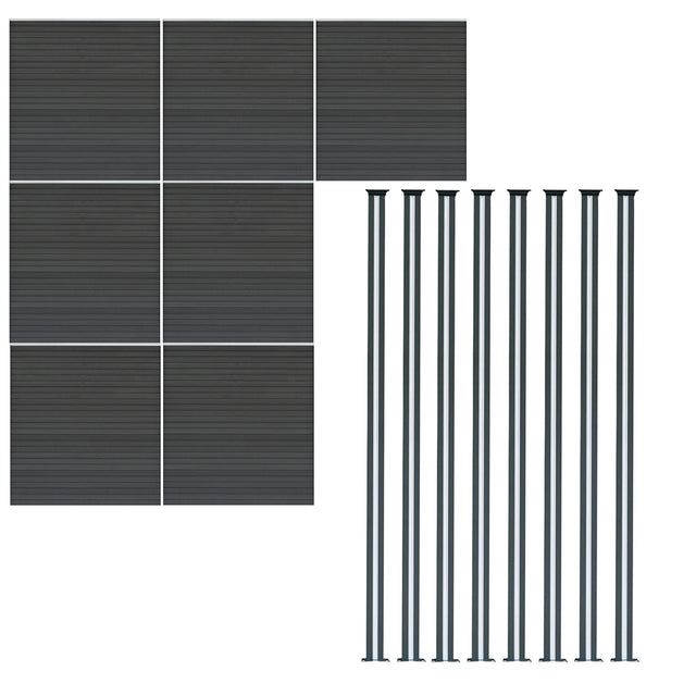 Grau WPC Sichtschutzzaun mit sieben Paneelen und acht LED Zaunpfosten, modernes Design, glatte Textur und langlebiges Material für optimalen Sichtschutz