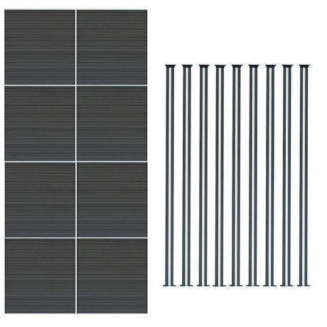 Grau WPC Sichtschutzzaun mit acht Paneelen und neun schlanken LED Zaunpfosten, modernes Design mit strukturierten Oberflächen und eleganter Optik